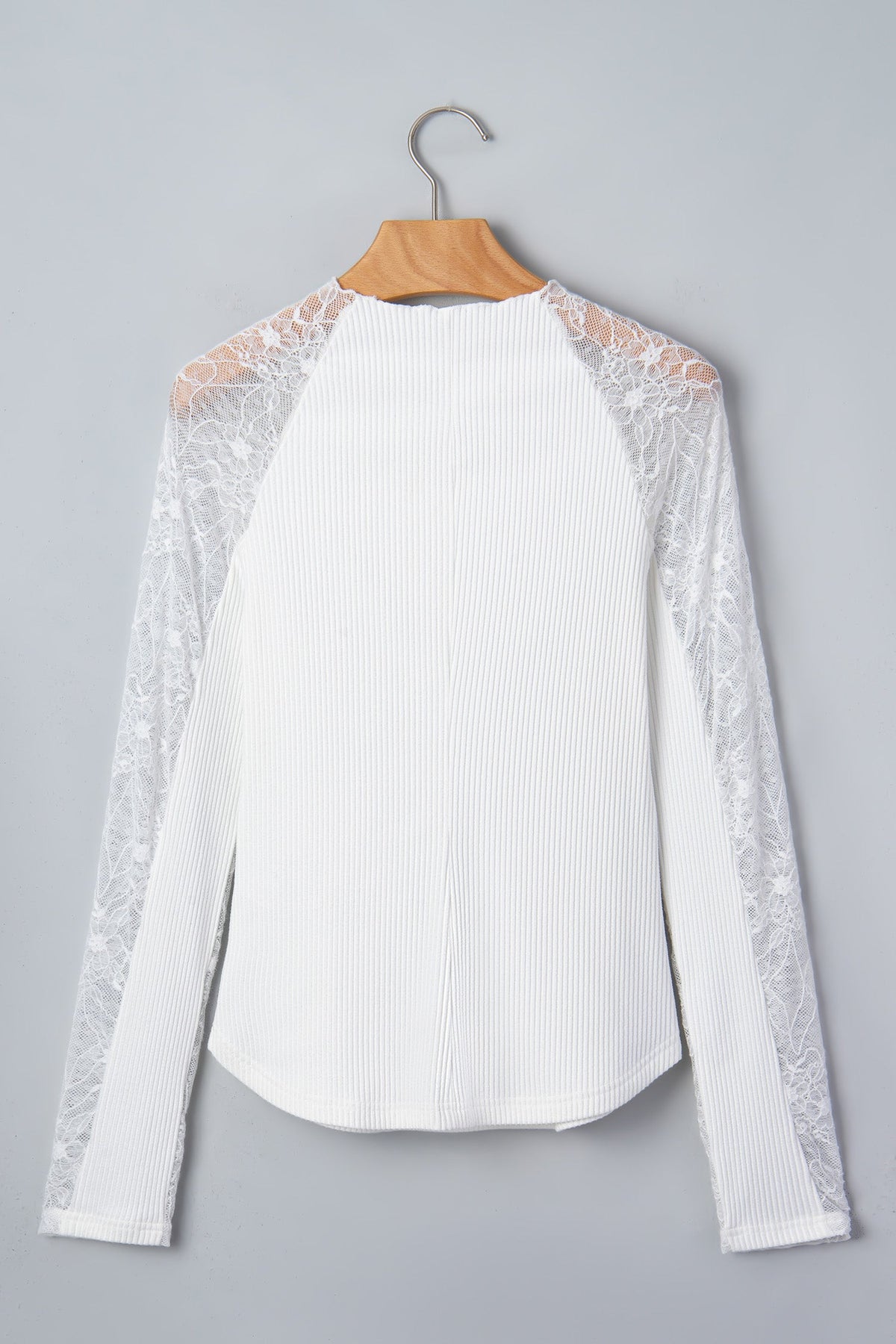 Solid/Sheer Lace Long Sleeve Ribbed Knit Top